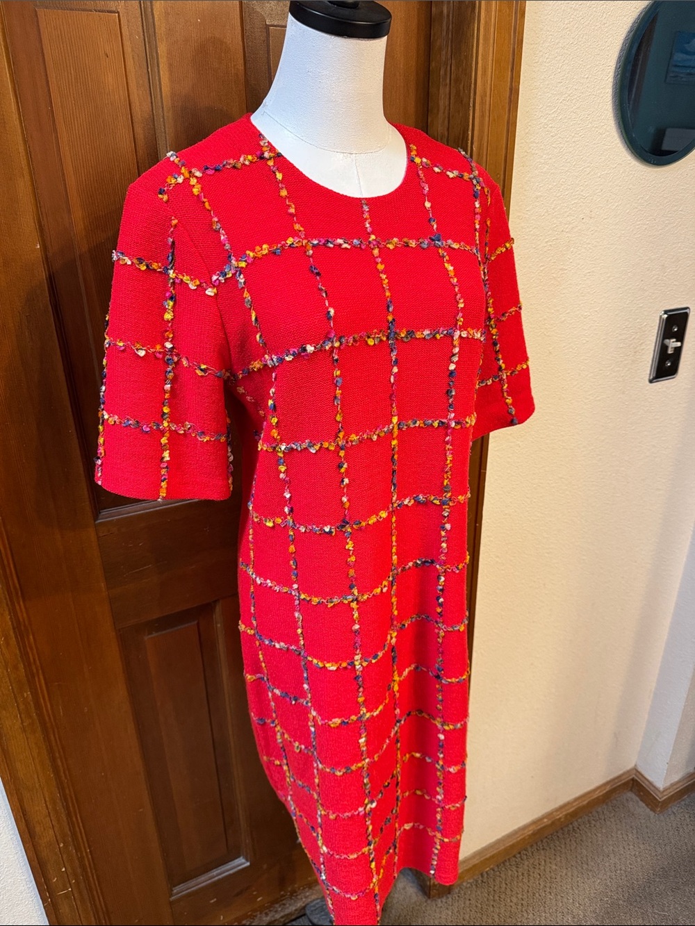 Vintage Steve Fabrikant for Neiman Marcus Red Windowpane Knit Shift Dress Size M - Picture 6 of 8